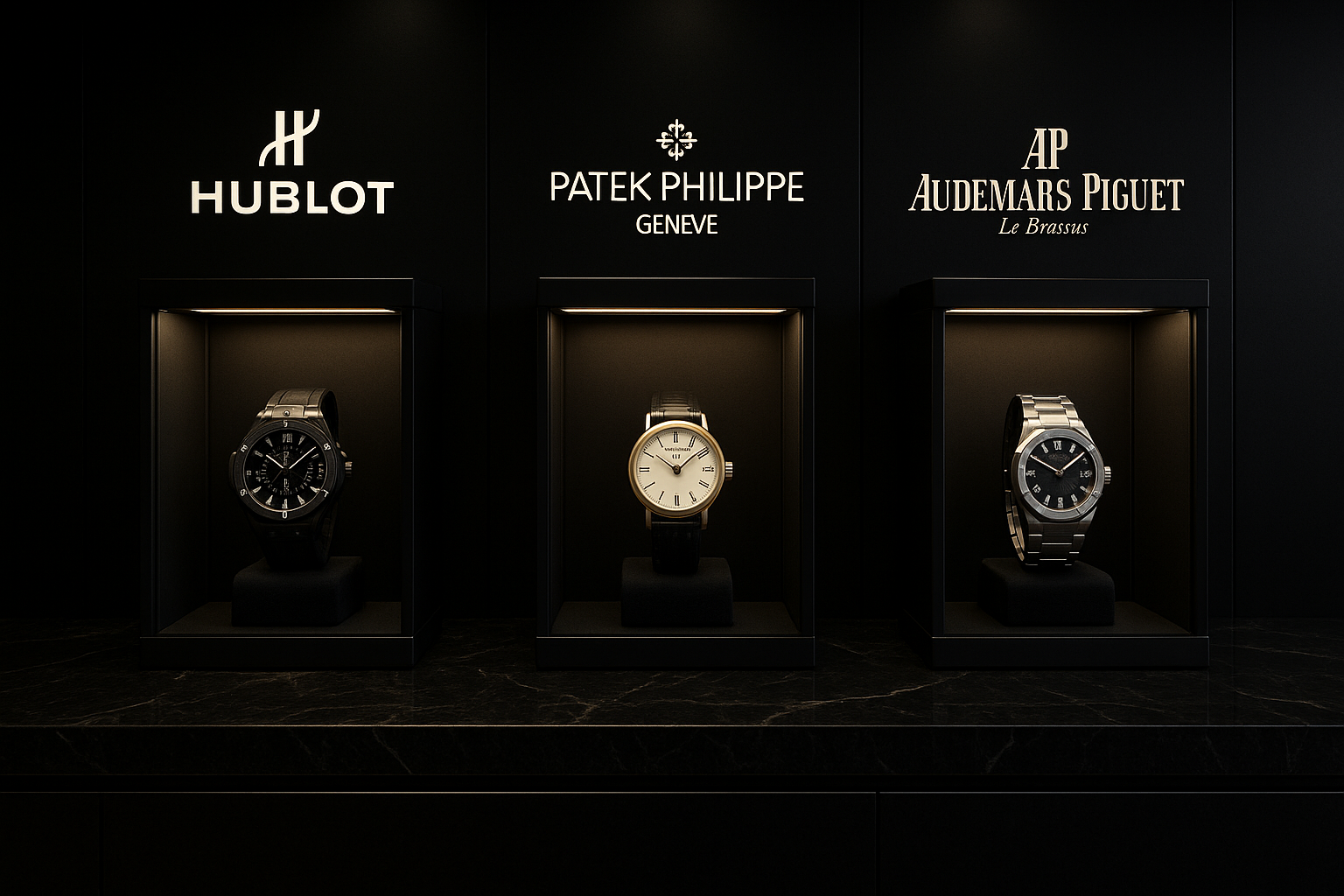 For luxury watch store and watches are hublot, patek, and ap but make according to black theme